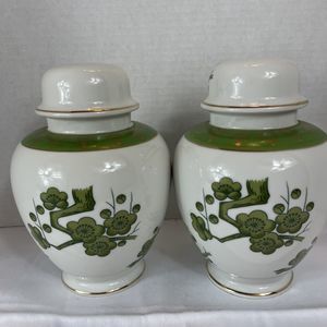 Oriental Porcelain Ginger Jar Style Lamp PWF Japan Base 7.5" Tall Set Of 2 Green